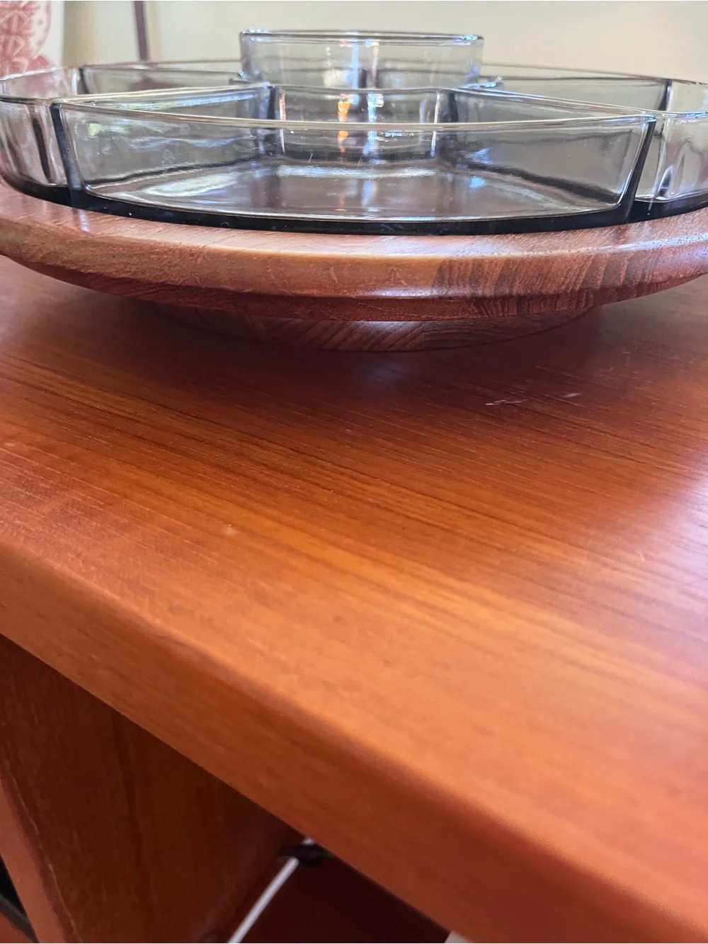 Solid Teak Lazy Susan with smoked glass dishes.